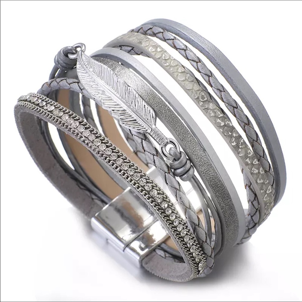 Silver wide true leather feather charm bracelet